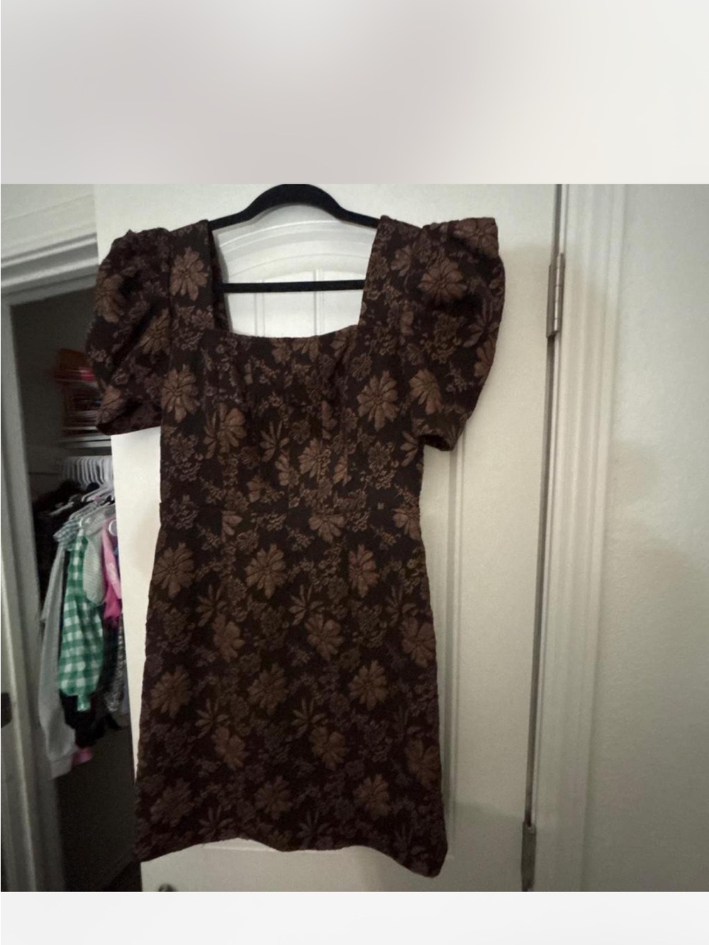 SHEIN Brown Floral Puff-Sleeve Mini Dress